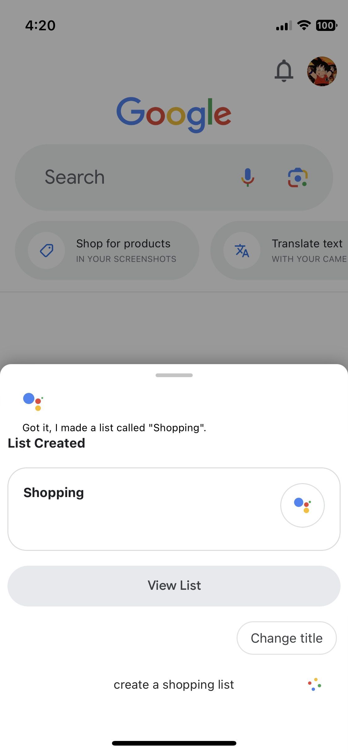 Google Assistant create shopping list