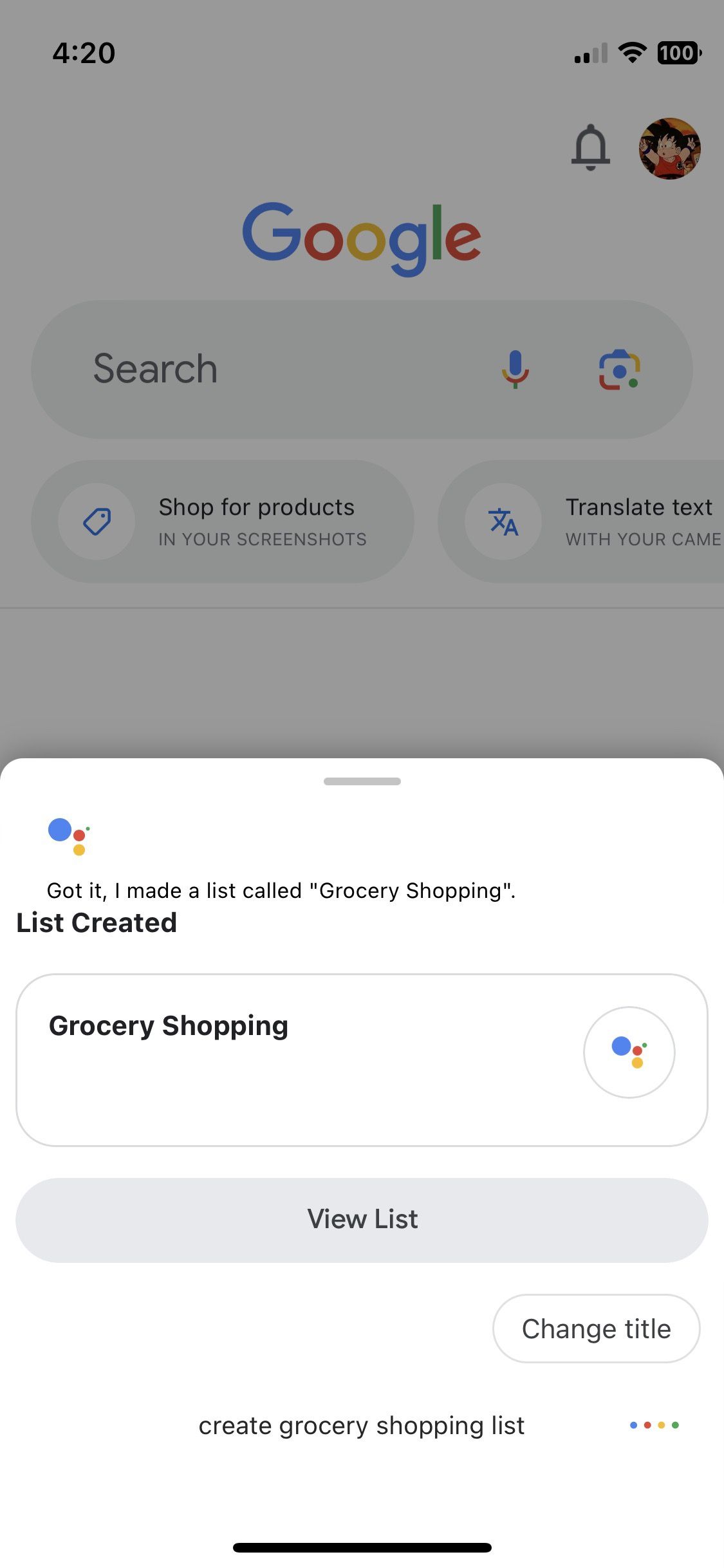 Google Assistant created the grocery shopping list