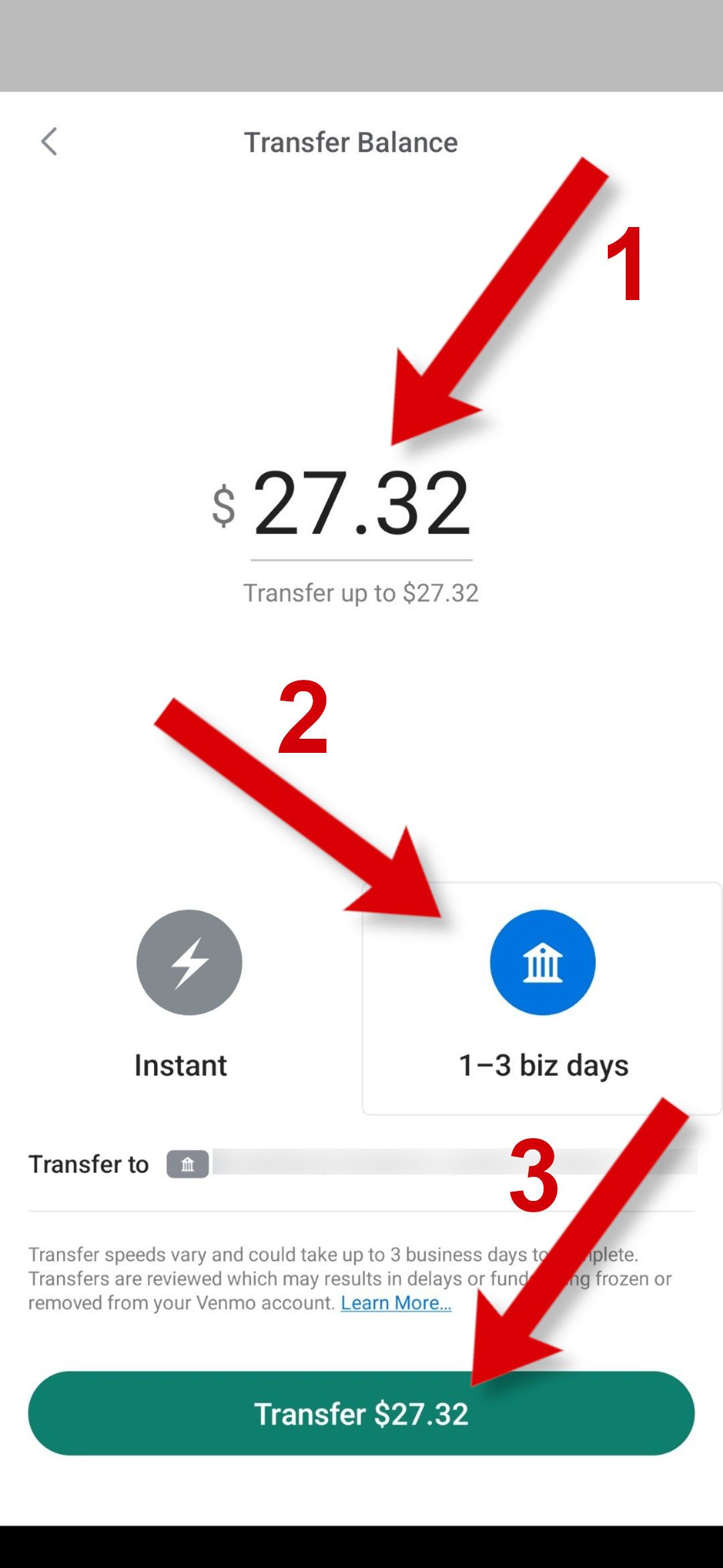 A screenshot of the Venmo app showing the steps to transfer funds to your bank.