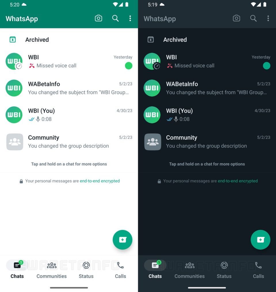 WhatsApp for Android beta testing bottom navigation bar