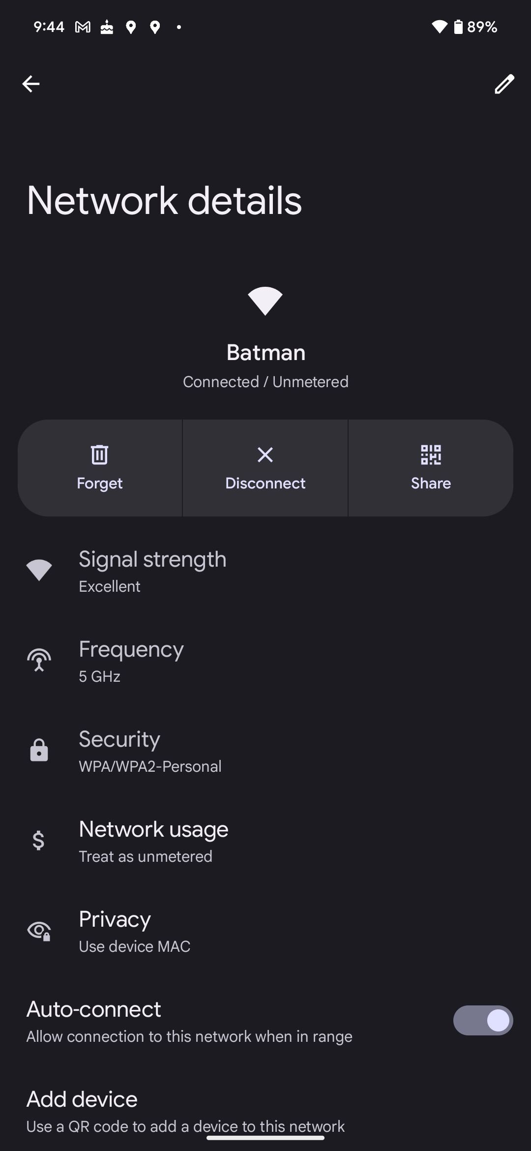 Wi-Fi network details displayed on a Google Pixel phone