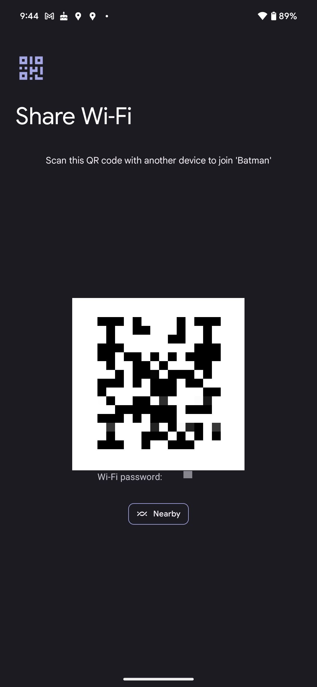Wi-Fi QR code generated on a Google Pixel for password sharing 