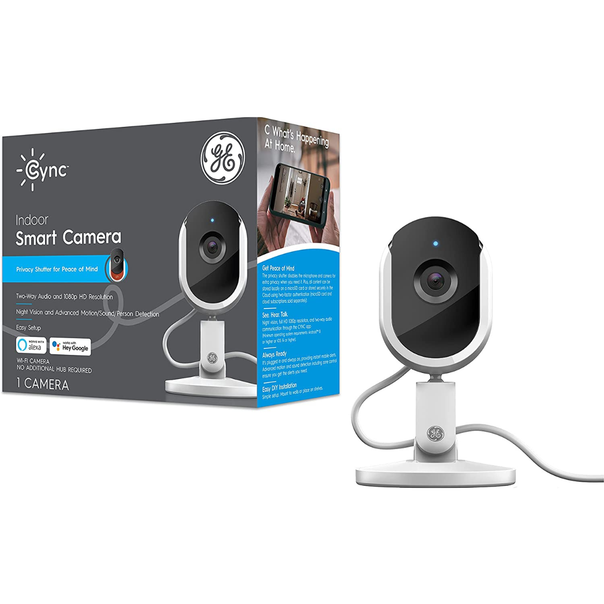 The GE Cync Smart Indoor Security Camera.