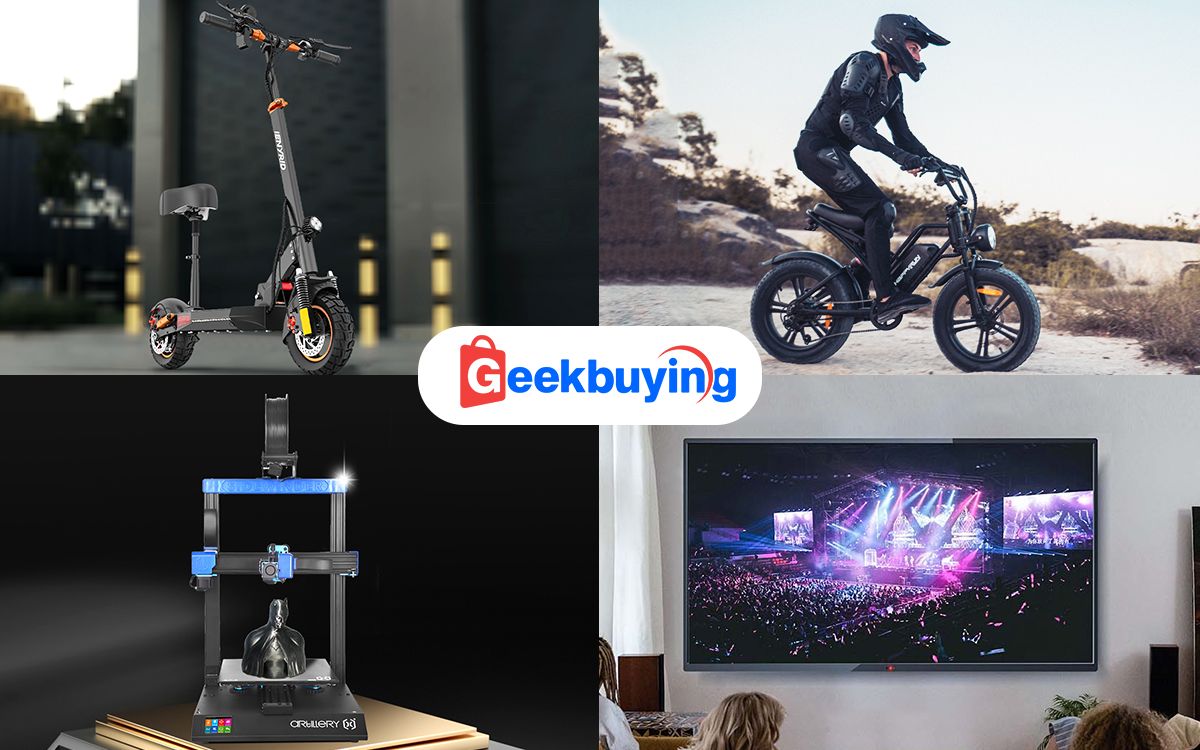 Geekbuying photo grid with an electric scooter, electric bike, 3D printer, and a big screen TV