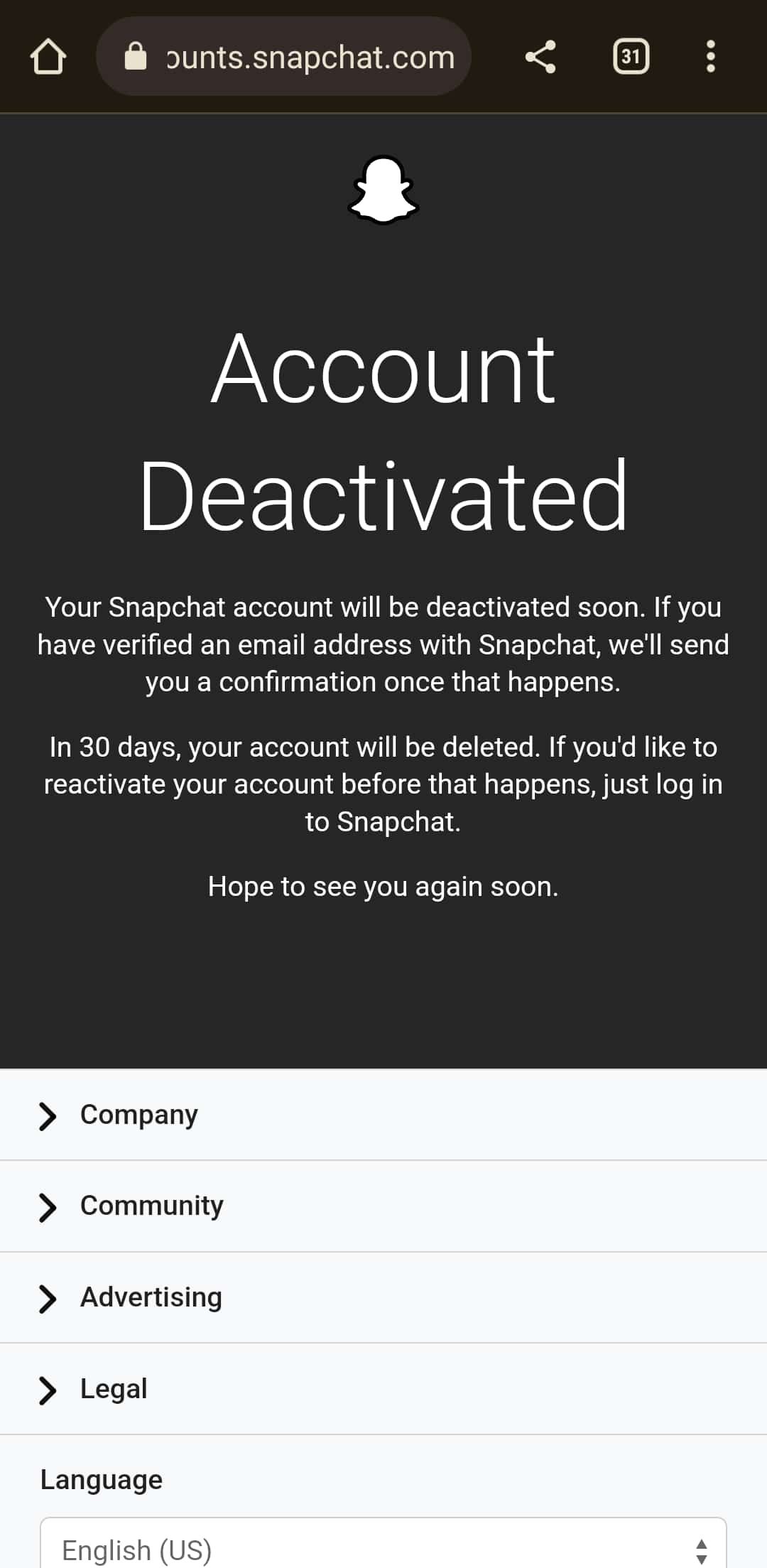 Account Deactivated web page on Snapchat website