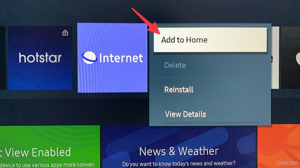 Add to Home option on Samsung TV