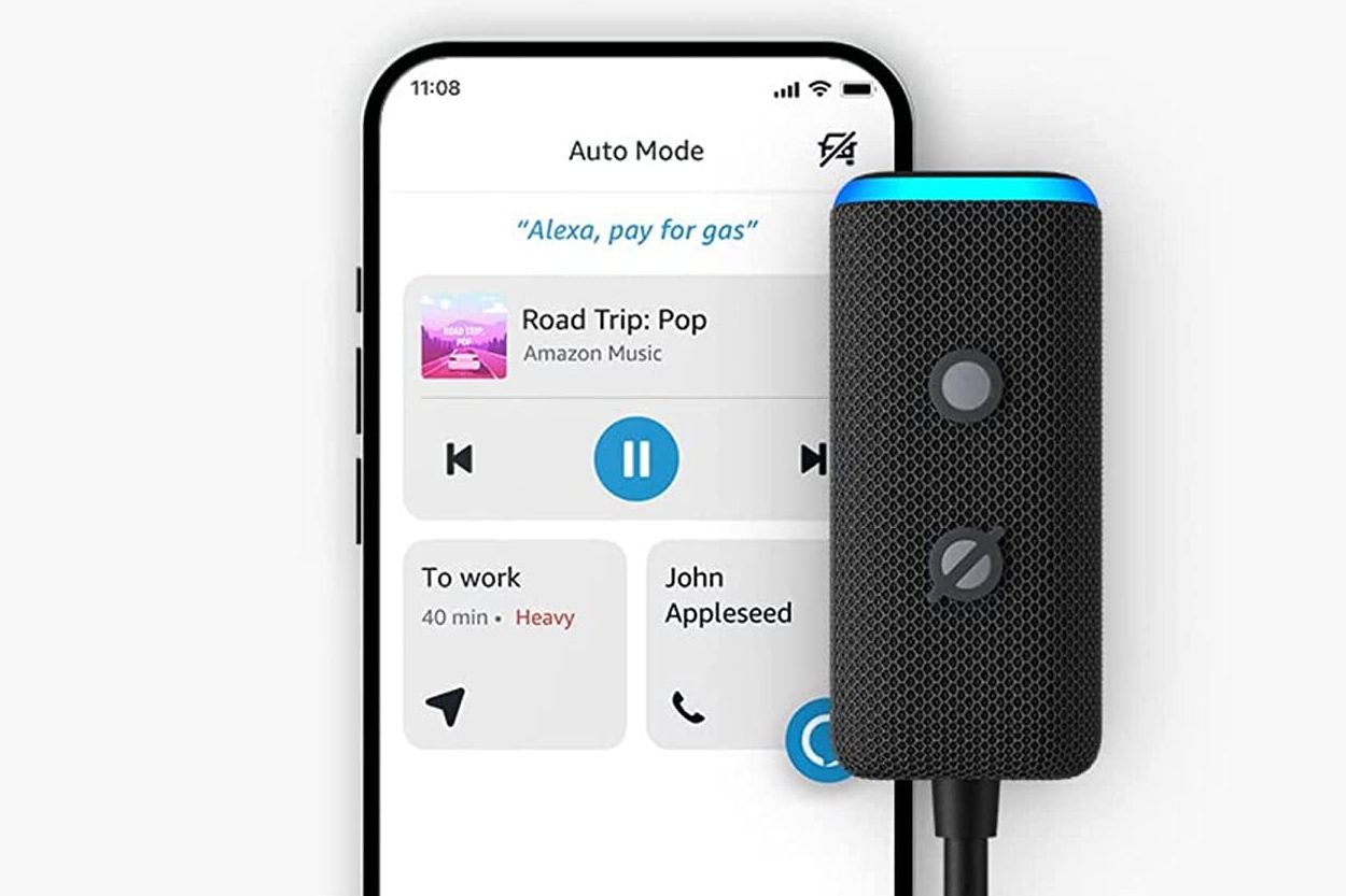 Echo Auto and a phone showing Auto Mode on Alexa.