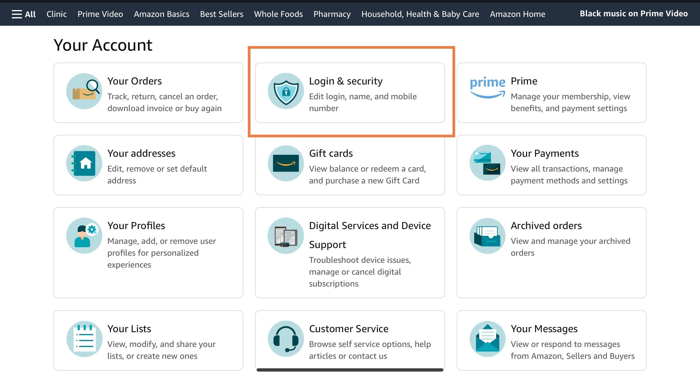 Choose Login and Security on the Amazon Account page.