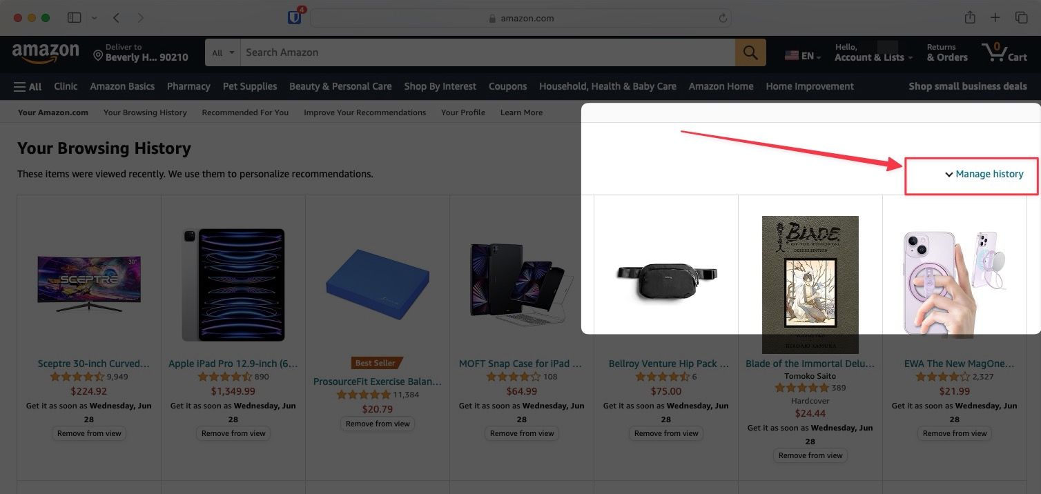 Amazon browsing history page screenshot showing Manage history option