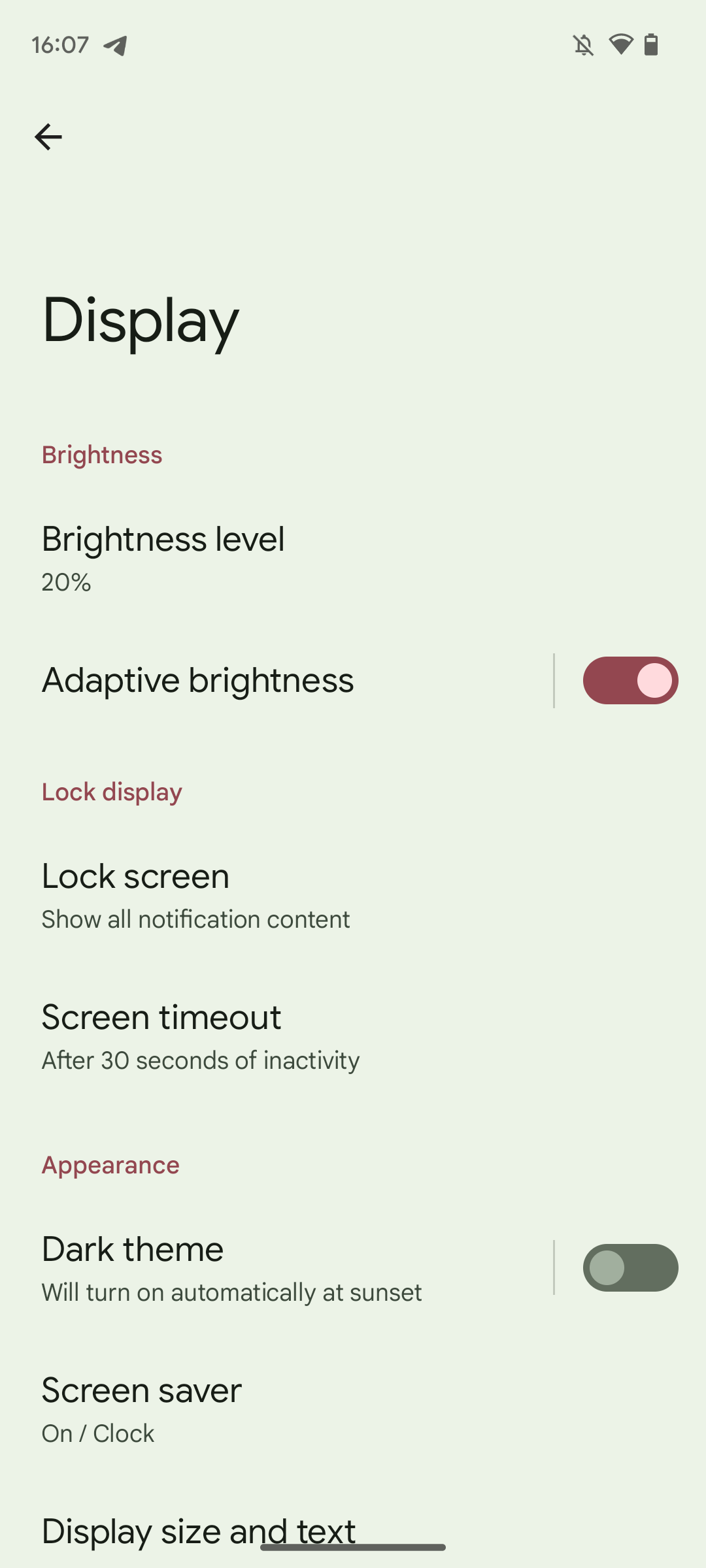 Screenshot showing the Android 14 Beta 2 display system settings with old toggle style