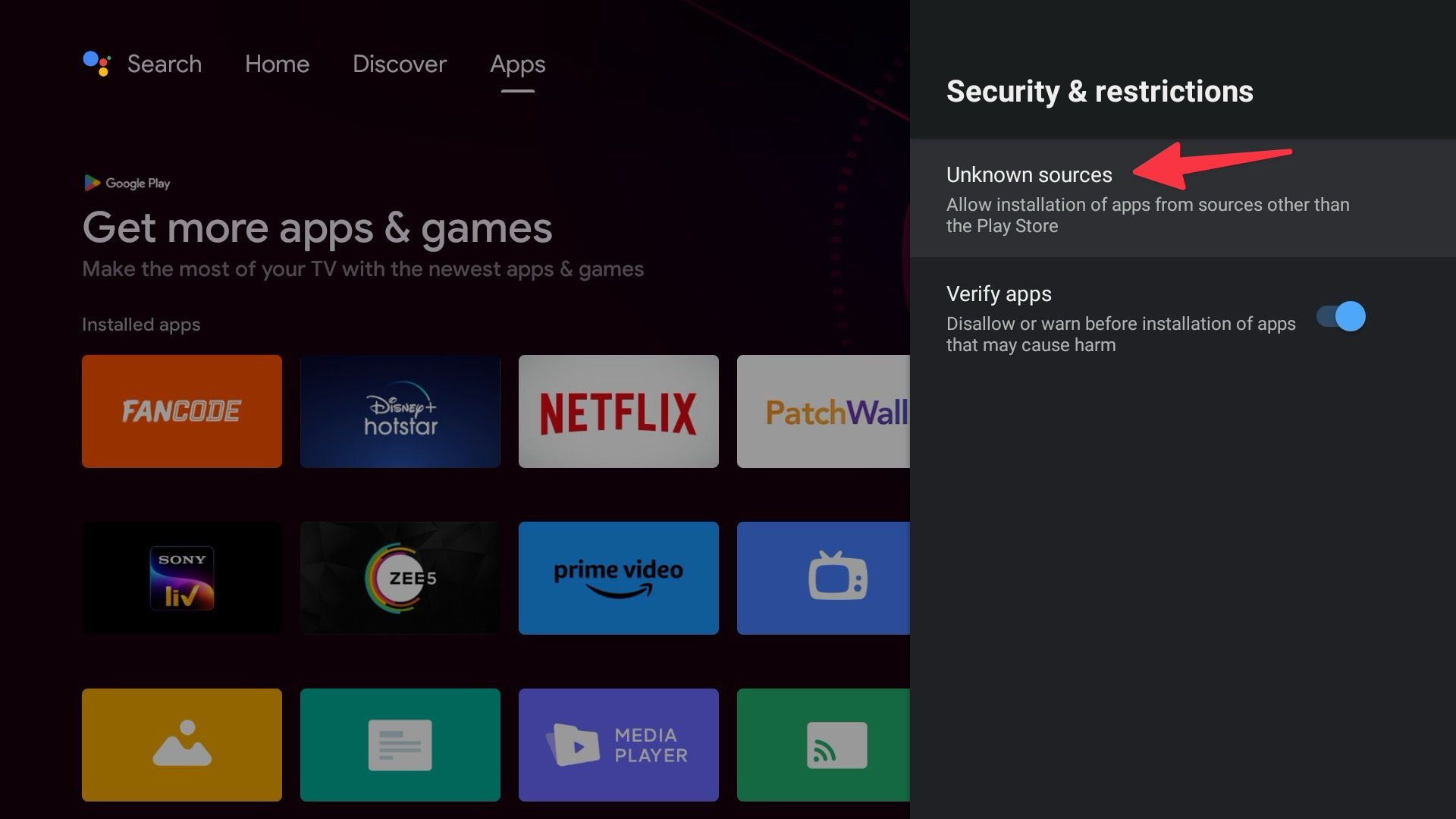 Select Unknown sources to install unknown apps in Android TV