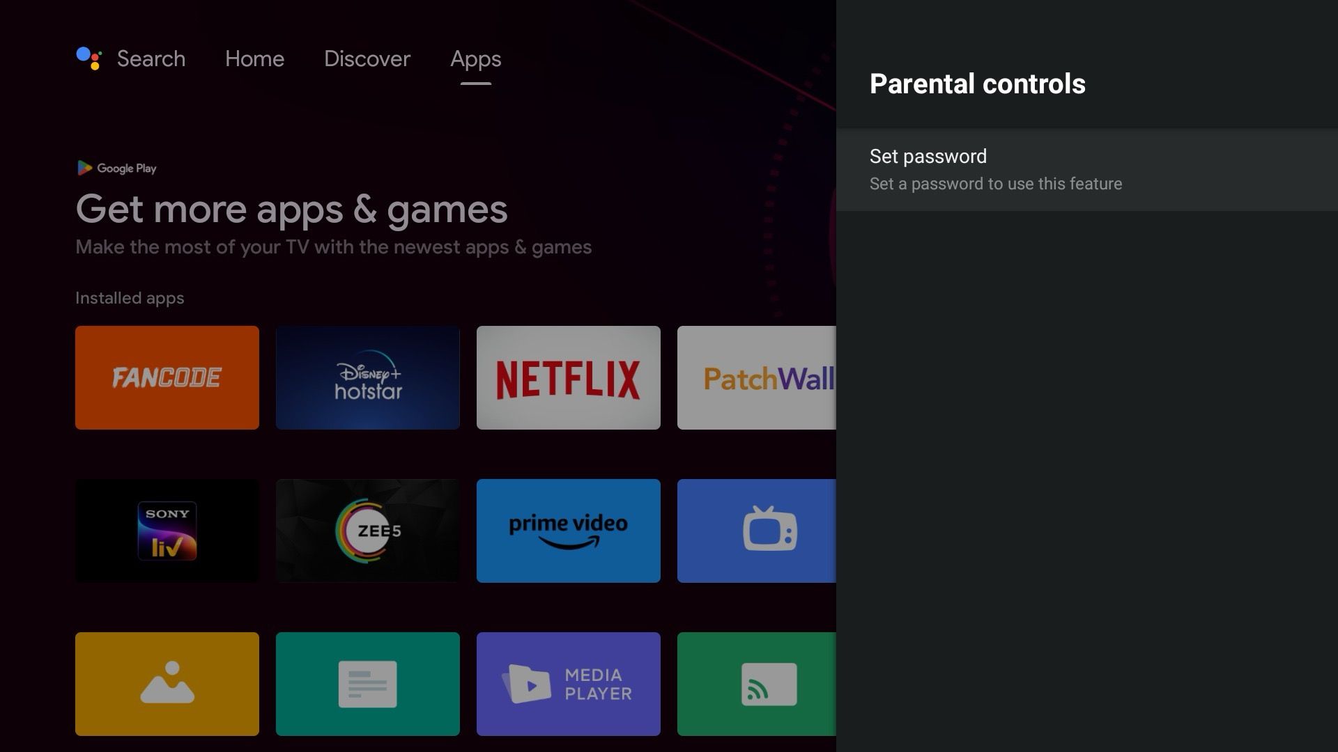 Select set password to establish parental controls in Android TV