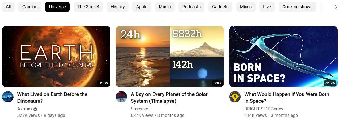 YouTube categories on homepage