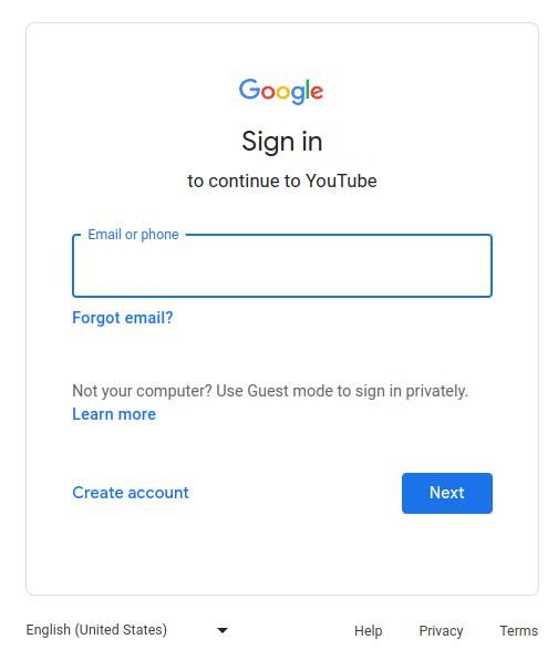 YouTube sign in page