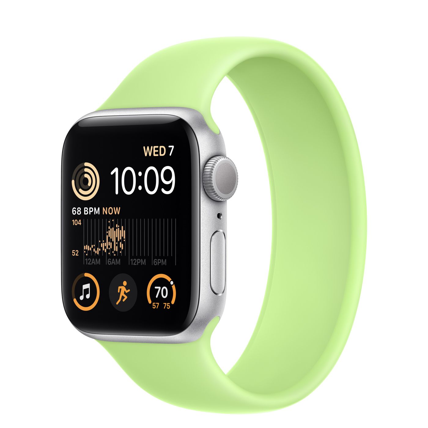 Apple Watch SE with green sports band on a white background