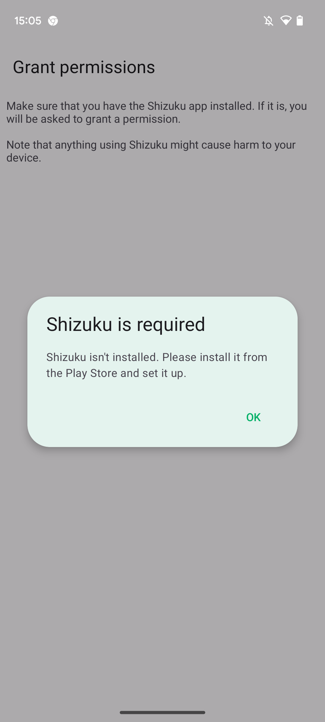 Screenshot of Batt asking to install Shizuku to continue for more stats