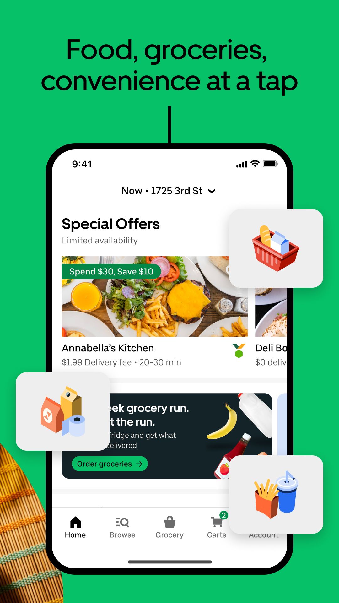 Food, groceries, convenience at at tap when you order from Uber Eats