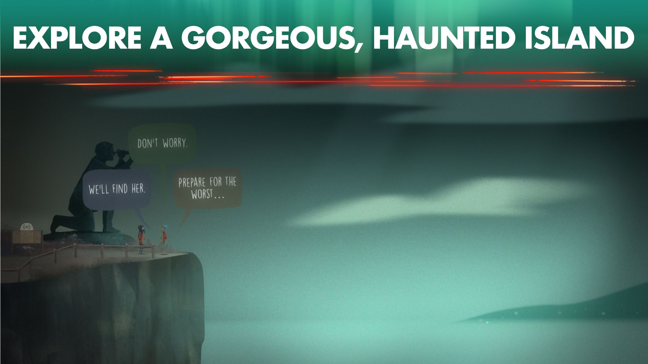 2D landscape screenshot of two figures talking on a cliff from Oxenfree