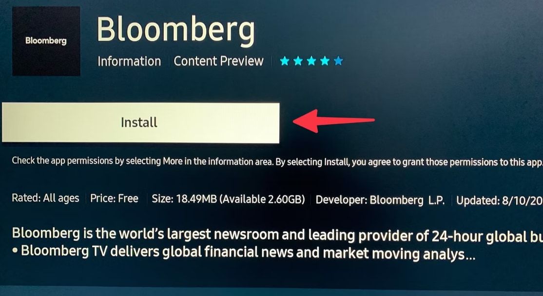 Bloomberg app information page on Samsung TV app store