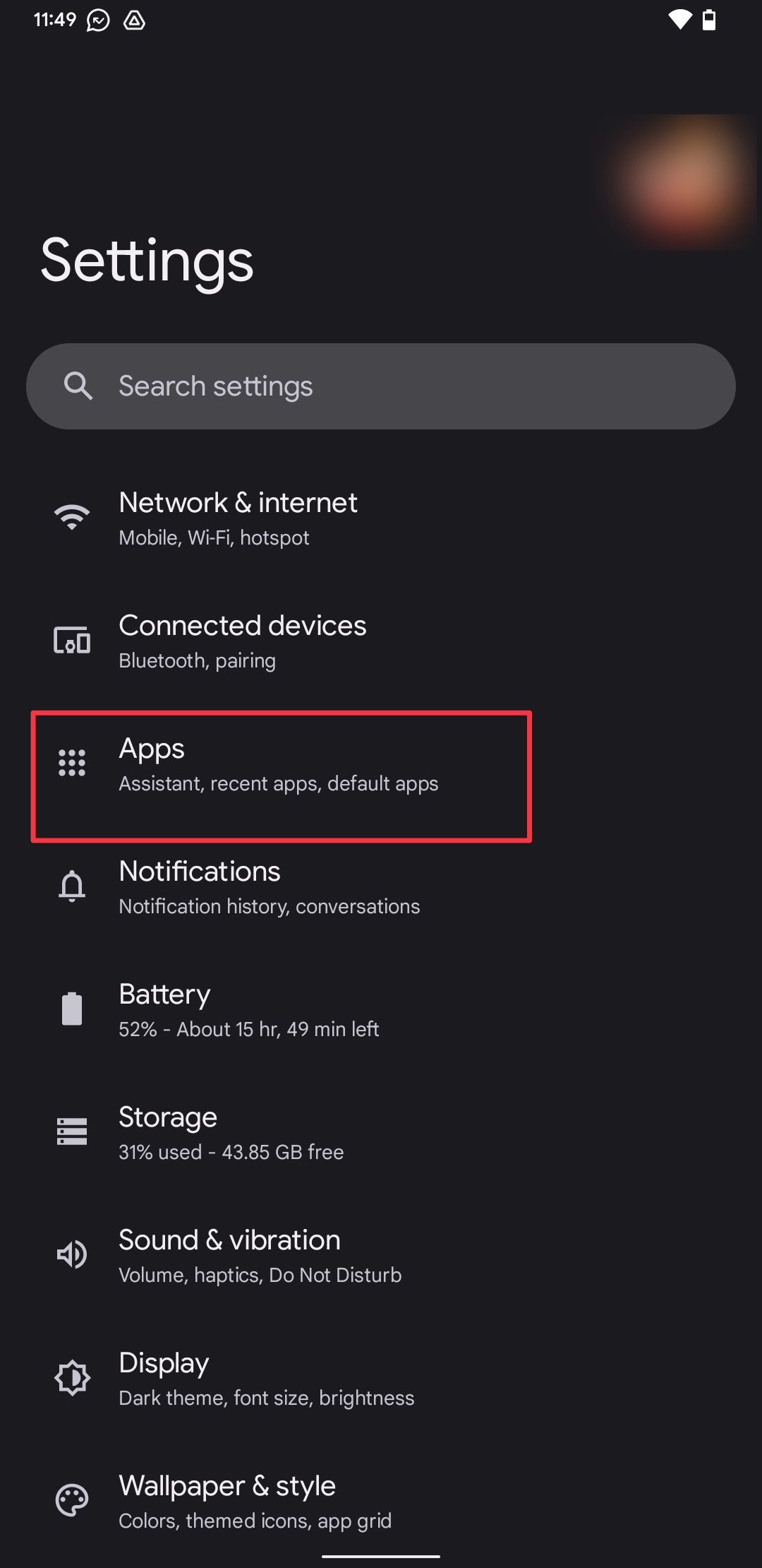 Android Settings page screenshot showing Apps option
