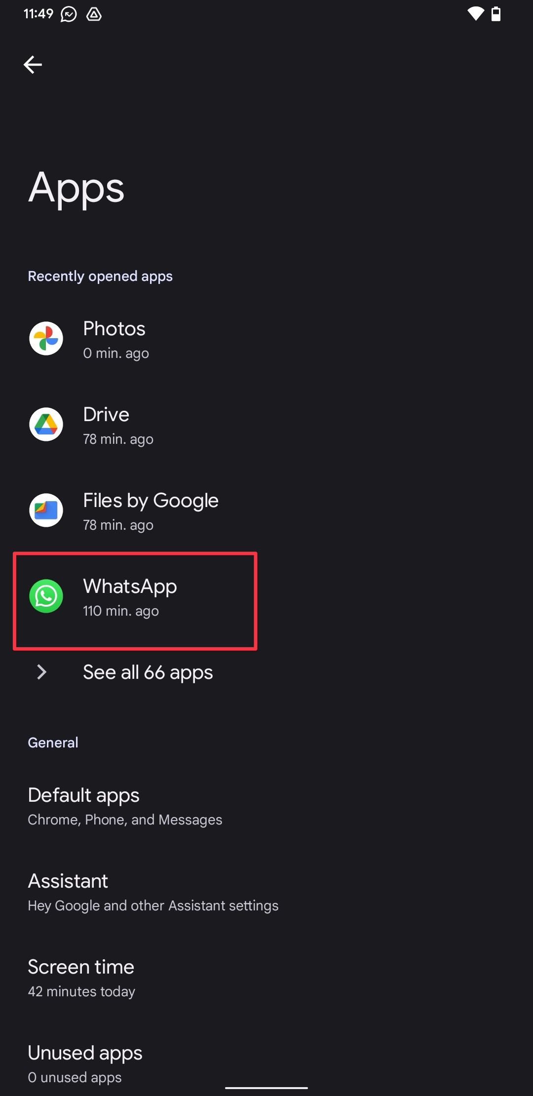 Android app settings page screenshot showing WhatsApp