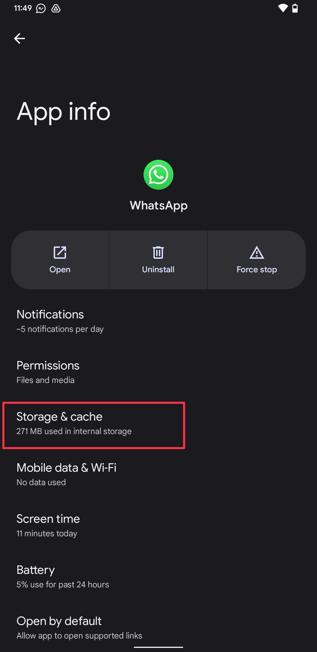WhatsApp App Info page screenshot showing Storage & cache option