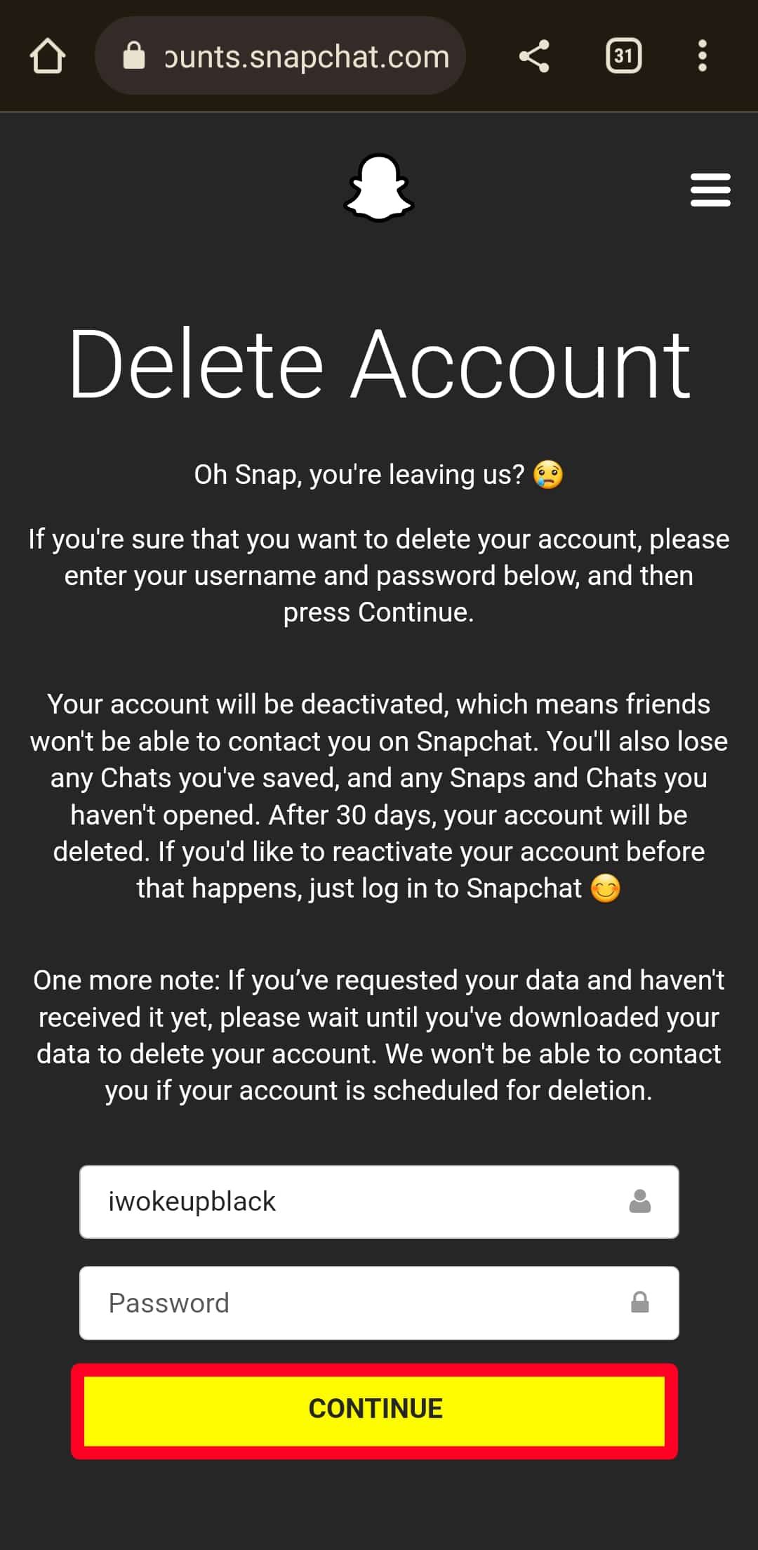 Delete Account webpage on Snapchat website