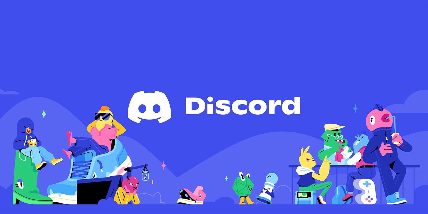 The Discord logo above several cartoon characters that are lounging in shoes