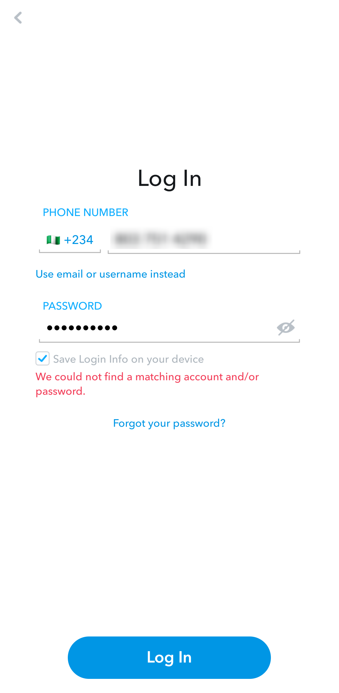 Failed Snapchat account reactivation with phone number