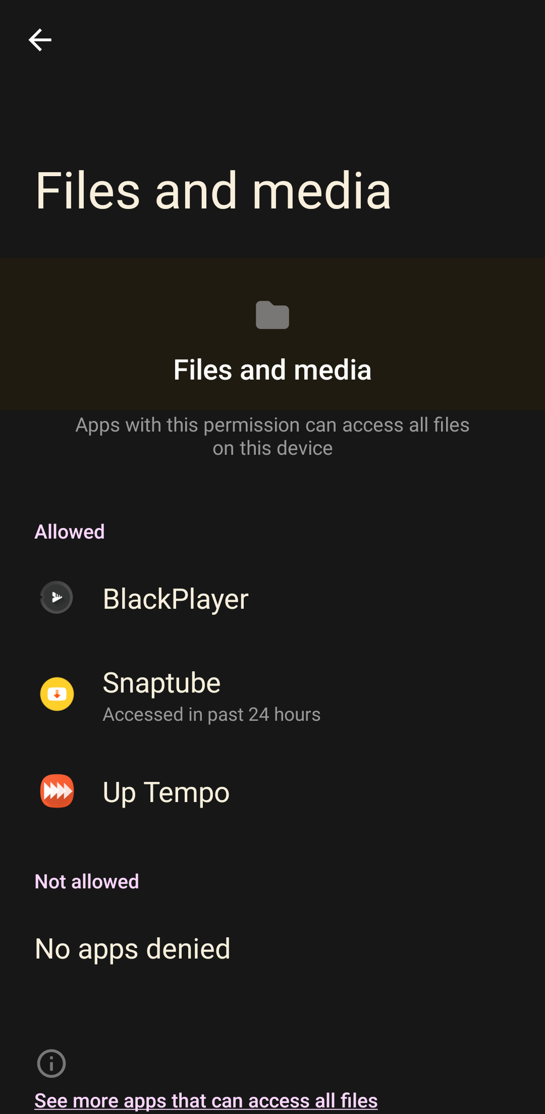 Files and media permissions settings on Android