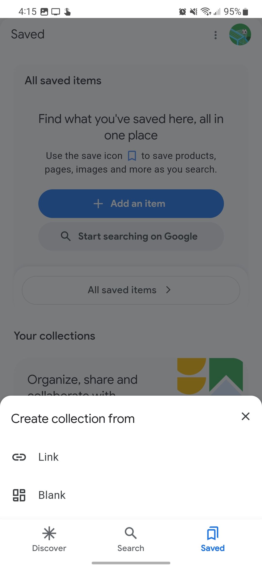 The "Create collection from" pop up giving you the option to create a collection from a link or create a blank collection in the Google app