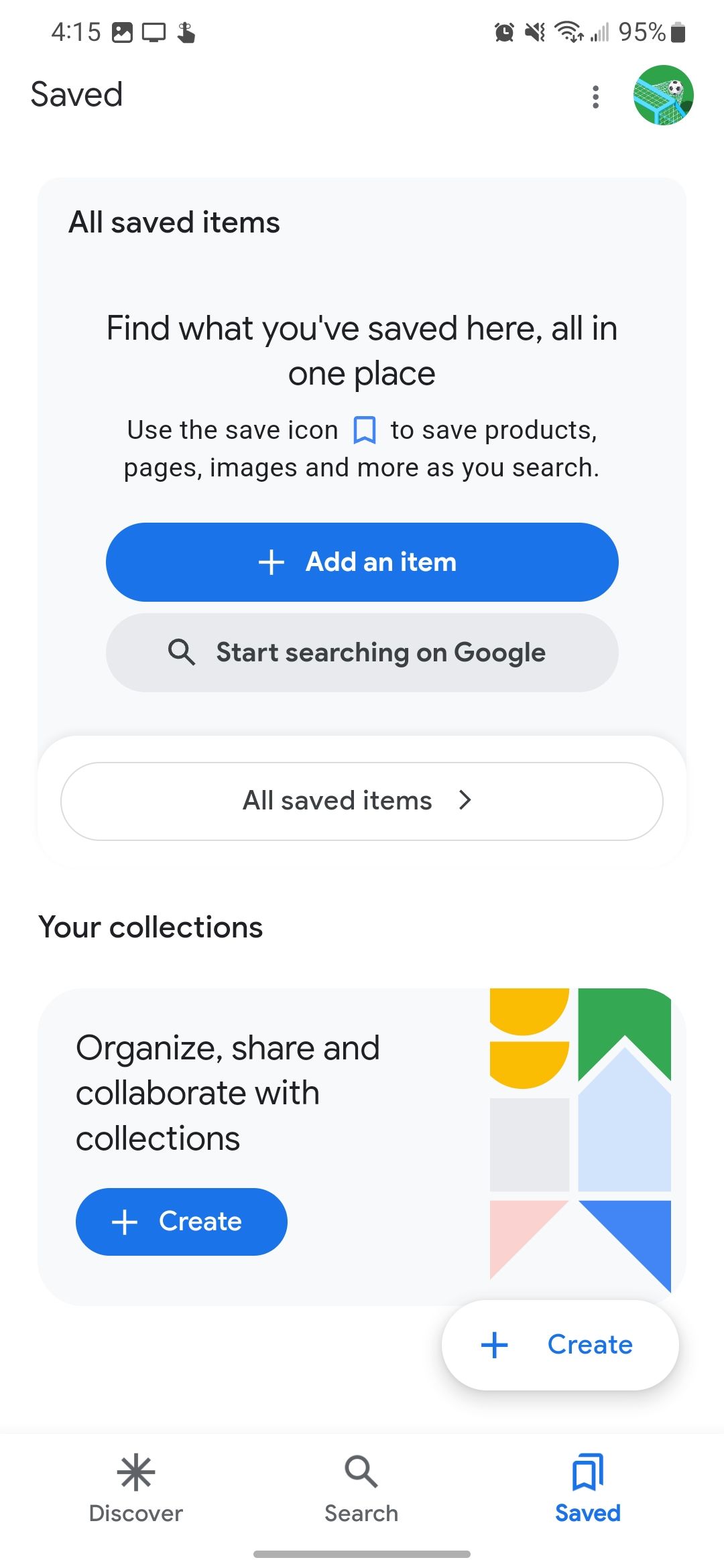 The Saved tab in the Google app with no collections