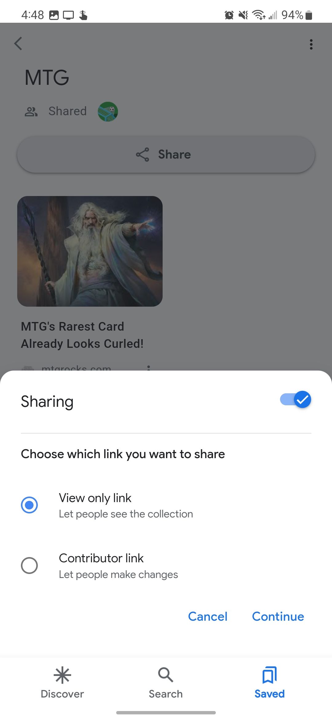 The Sharing menu in a collection