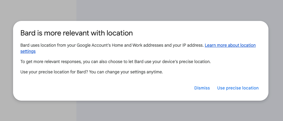 Screenshot of Google Bard's popup that explains how you can now use location sharing