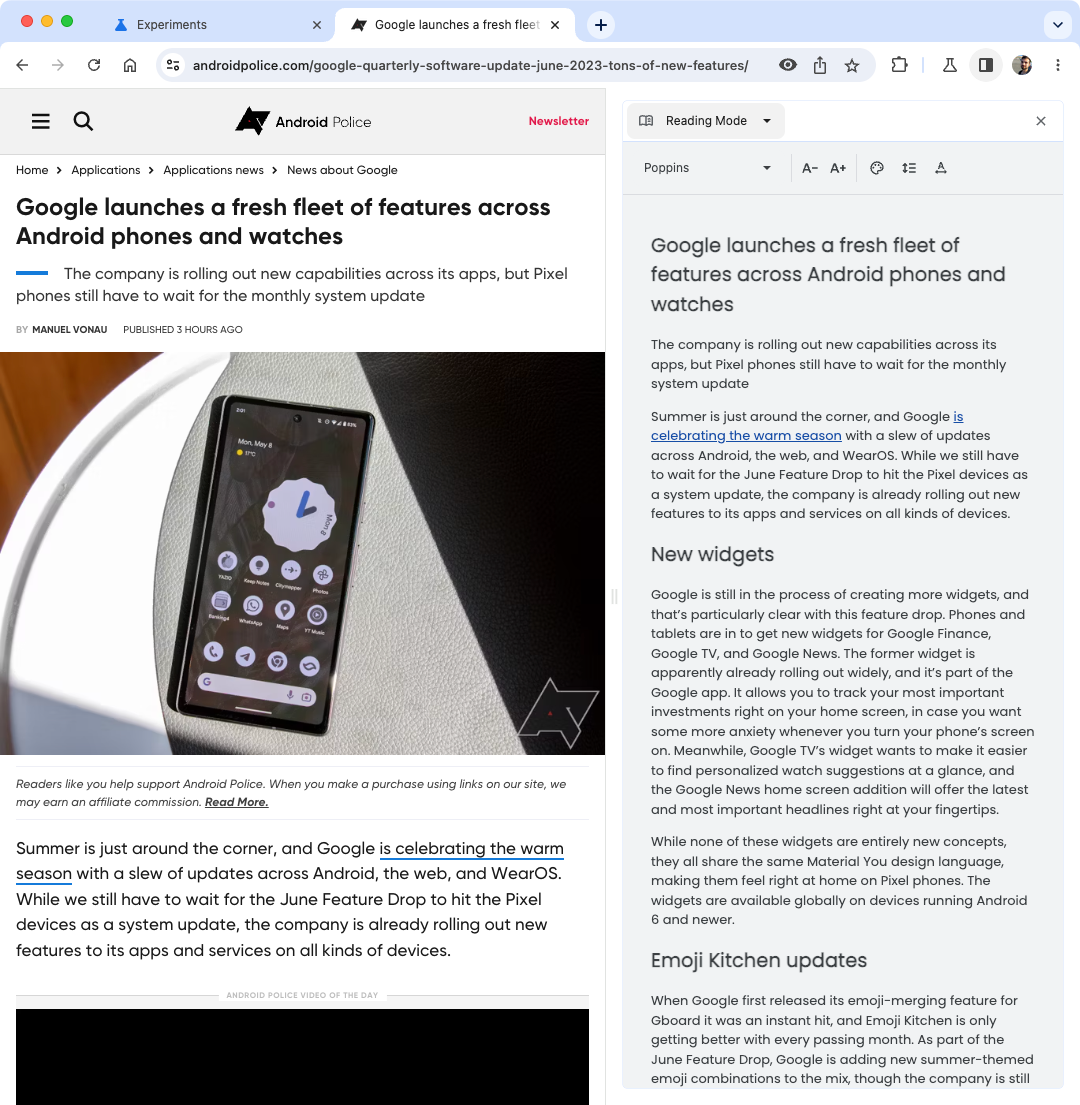 Screenshot of Google Chrome with Android Police article on the left and reading mode activated in the sidebar on the right