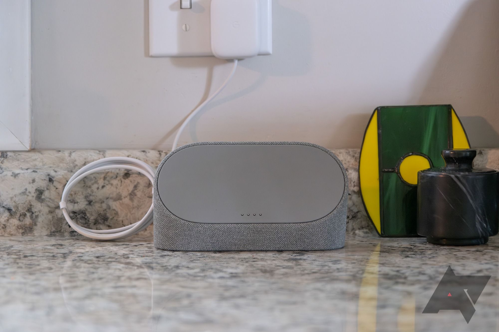 The Pixel Tablet's Charging Speaker Dock on a kitchen counter