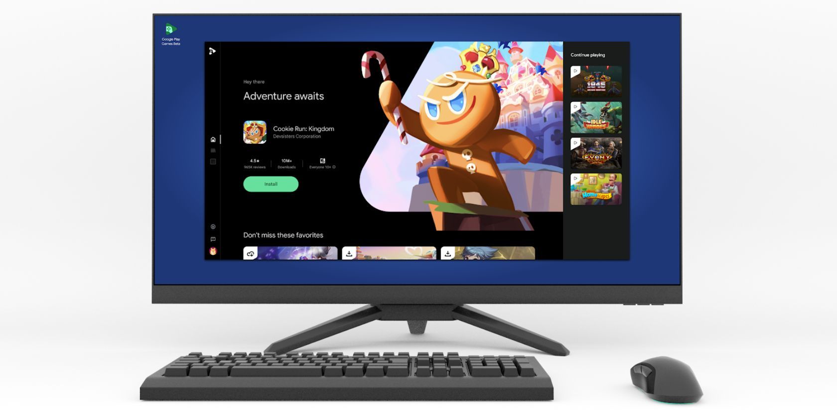 A PC monitor with the Cookie Run Kingdom key art that appears on the Google play store. 
