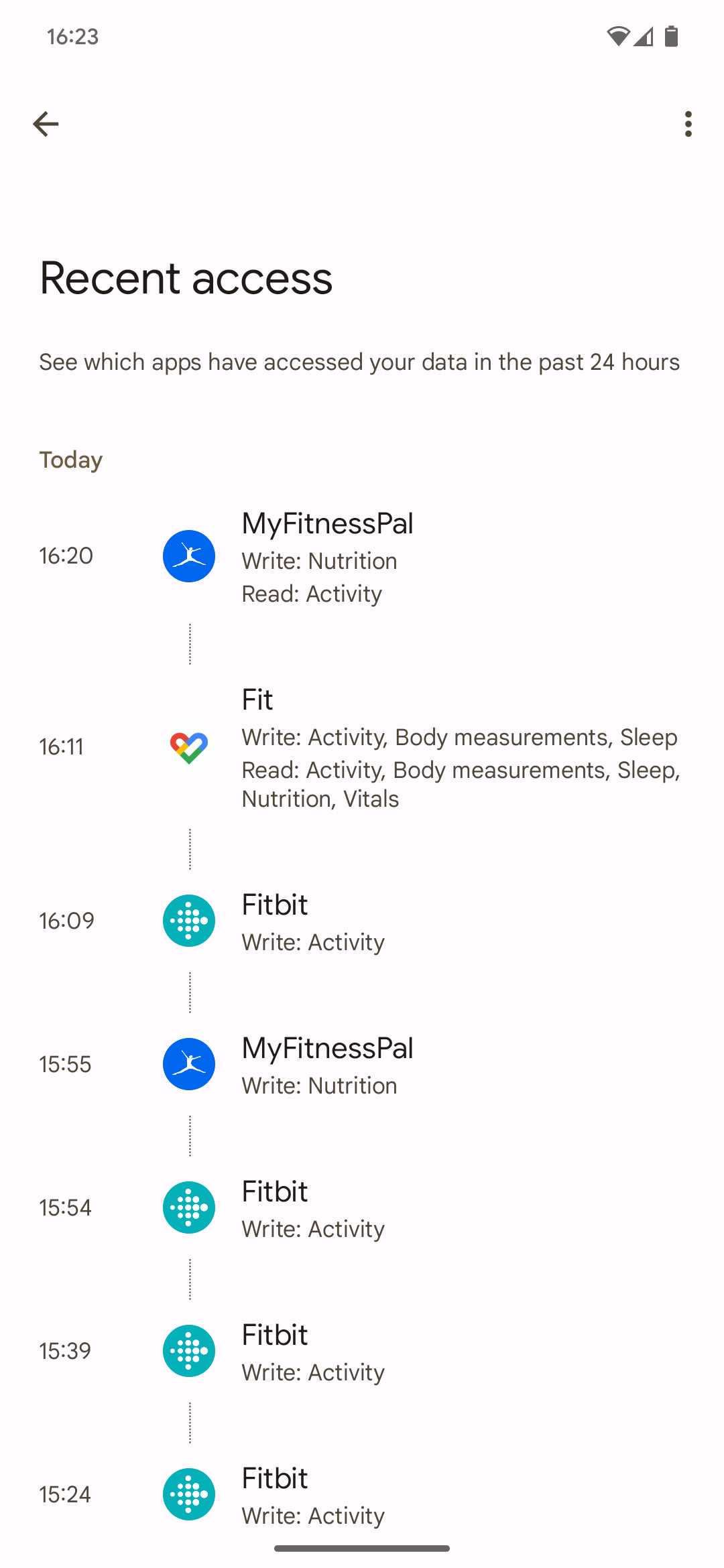 Screenshot of Recent Access section of the Health Connect app, showing that MyFitnessPal, Fitbit, and Google Fit have all accessed and written data over the past few hours