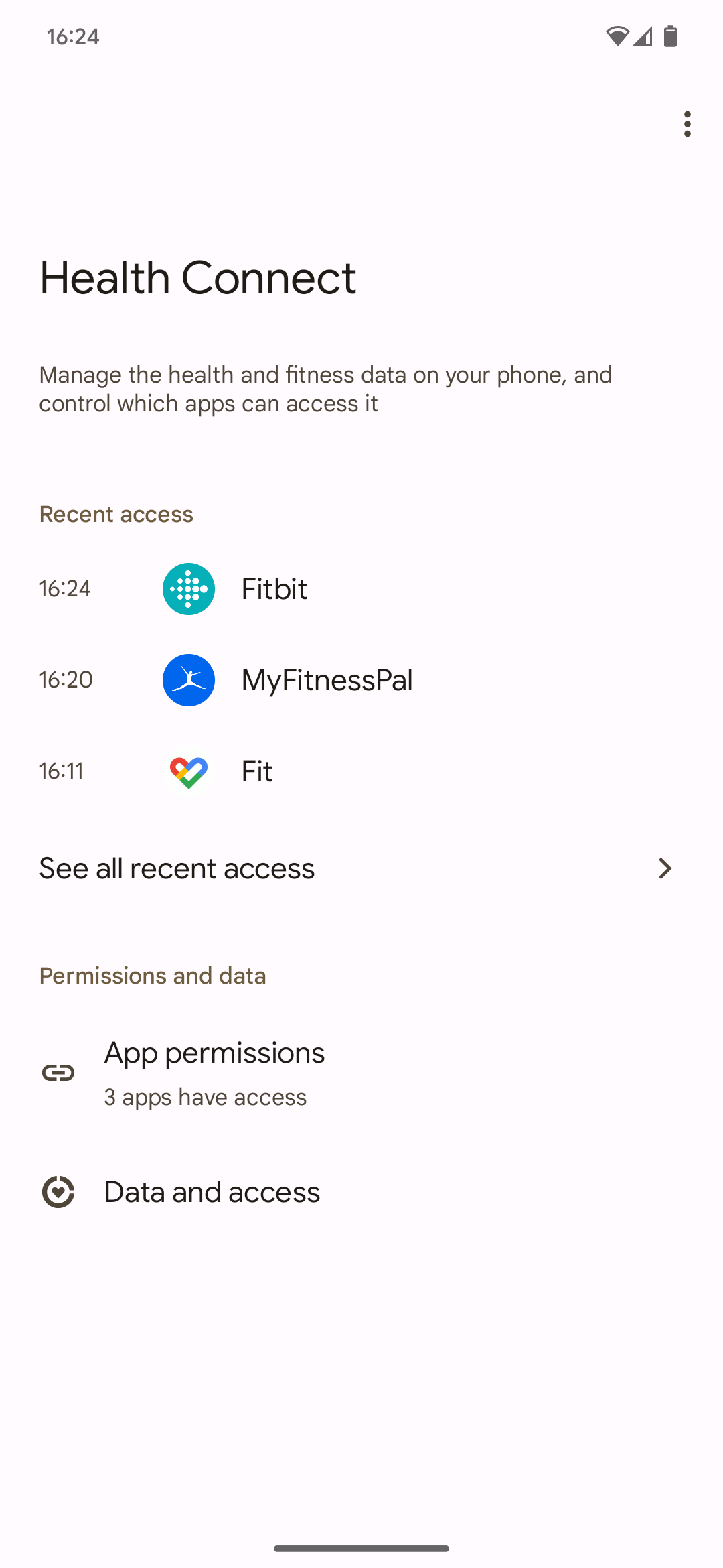 Screenshot of Health Connect home screen, with quick overview of which app have accessed data recently and shortcuts to all the other sections of the app