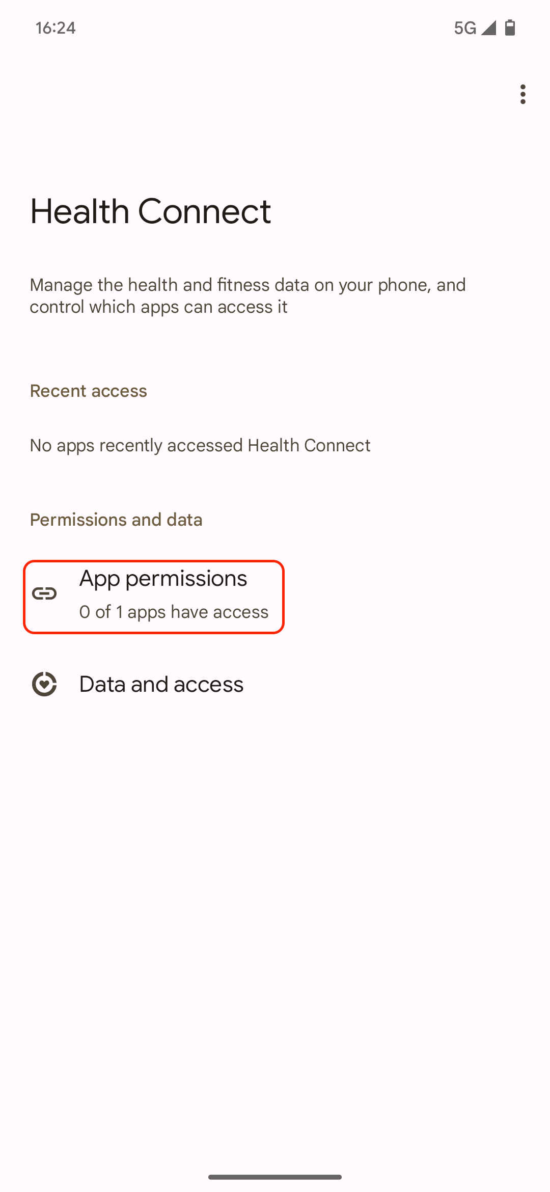 Screenshot of the Health Connect dashboard, with the "App permissions" section highlighted