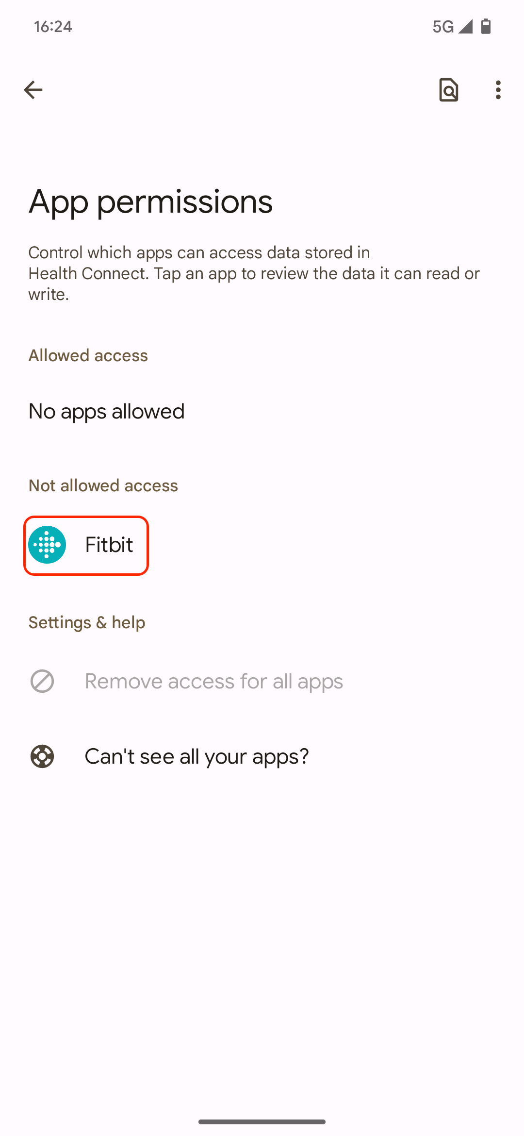 Screenshot of App permissions section in the Health Connect app, with "Fitbit" highlighted