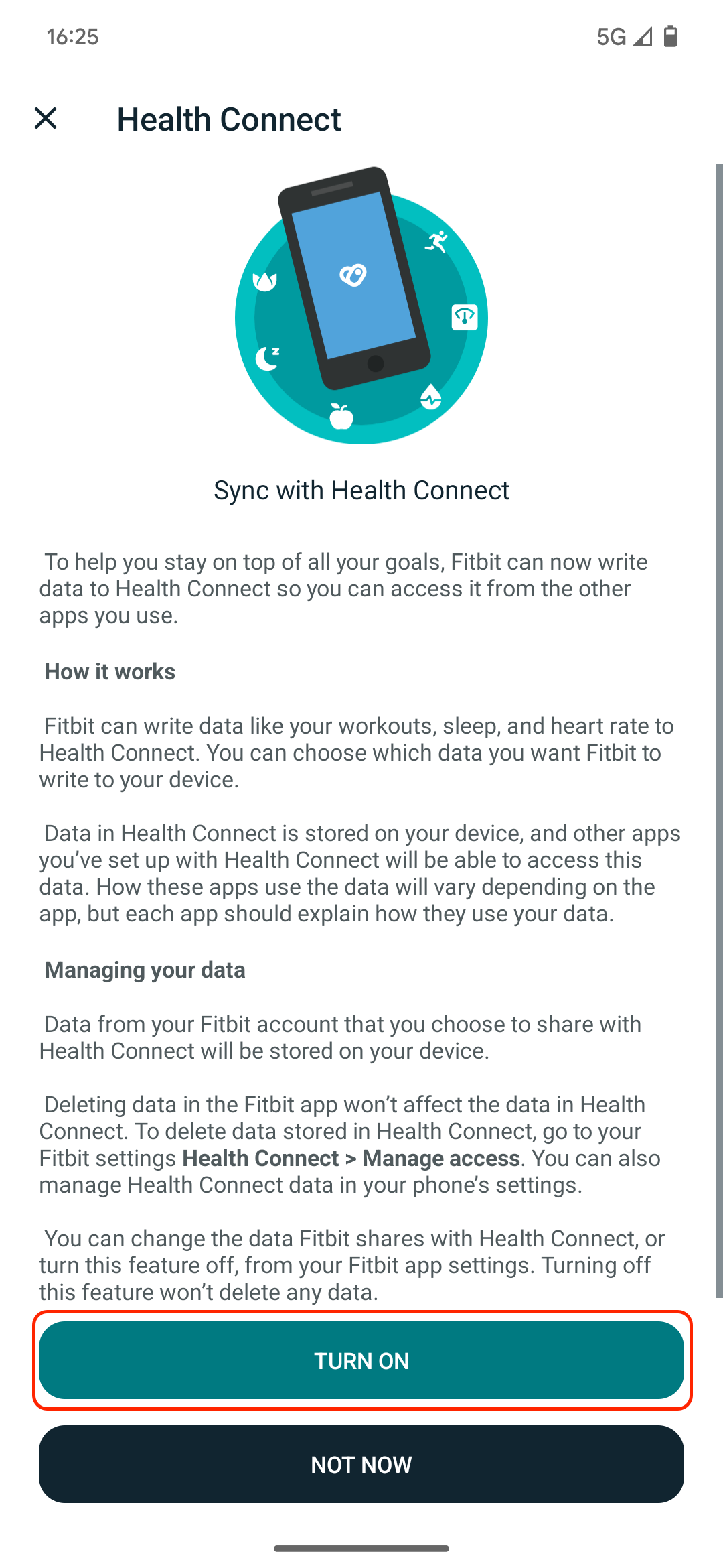 Screenshot of fullscreen Fitbit banner, explaining what Health Connect is, with a "Turn on" button highlighted