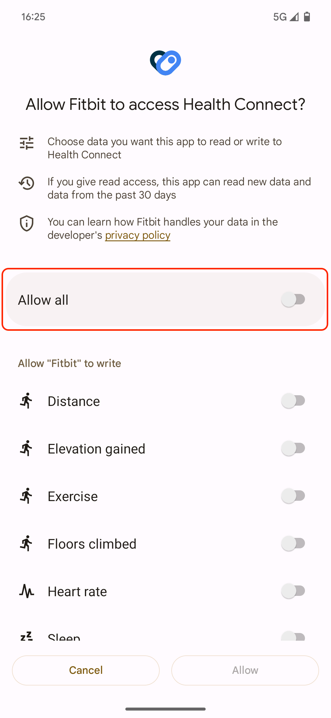 Screenshot of Health Connect Fitbit section showing which data sets the app needs permission to, with "Allow all" toggle highlighted