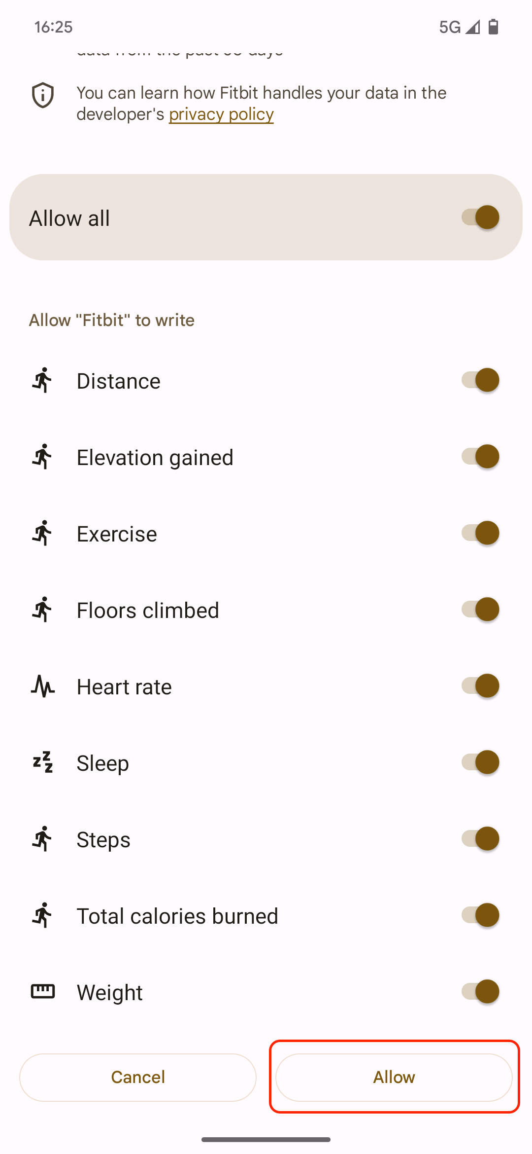 Screenshot of Health Connect Fitbit section showing which data sets the app needs permission to, with "Allow" button in the bottom right highlighted