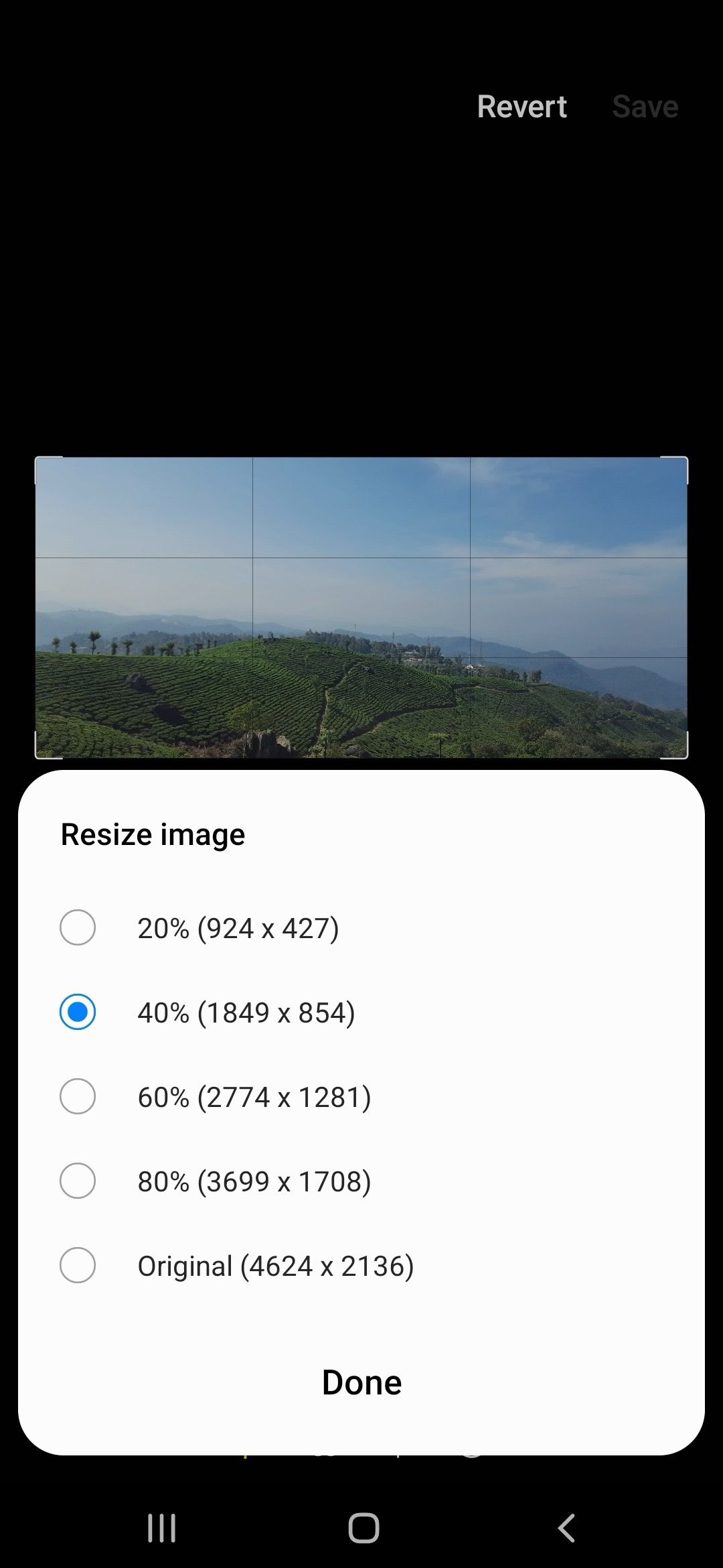 Screenshot showing the dimensions of the new image on Samsung phone