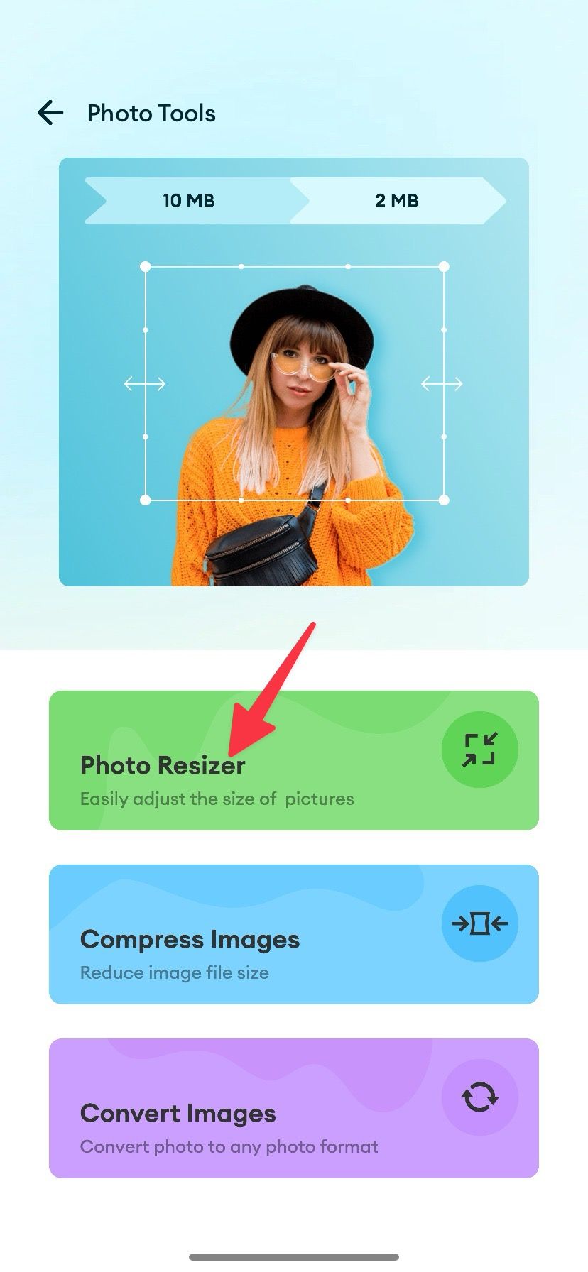 Screenshot showing the 'Photo Resizer' option on the Photo & Image Resizer app on iPhone