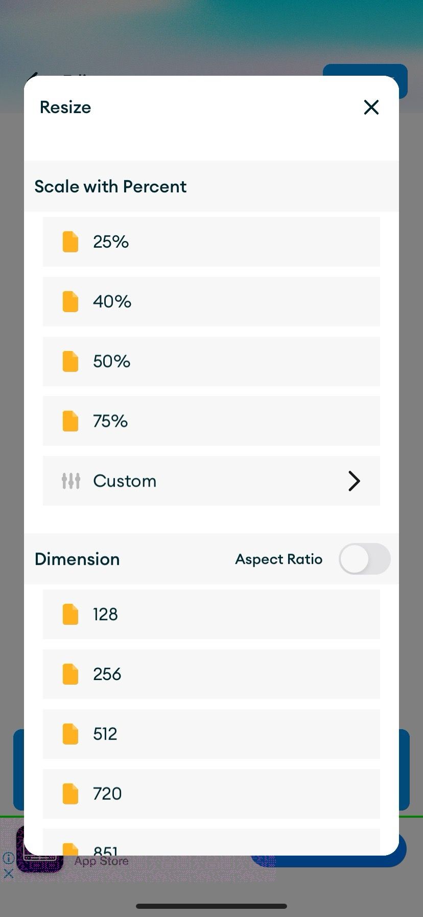 Screenshot showing the dimensions on the Photo & Image Resizer app on iPhone