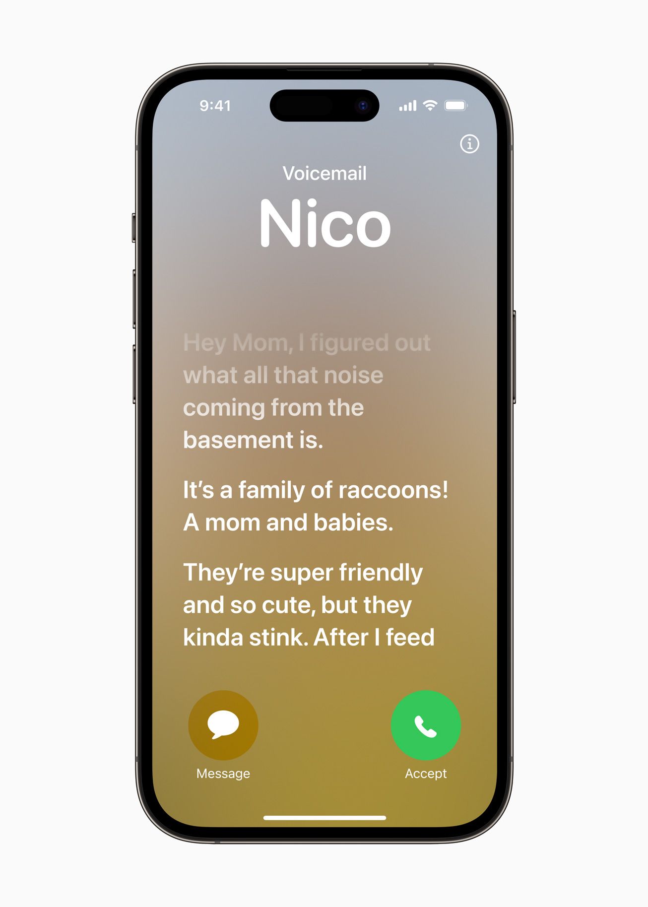 Render of iPhone exhibiting a dwell transcript of a voicemail