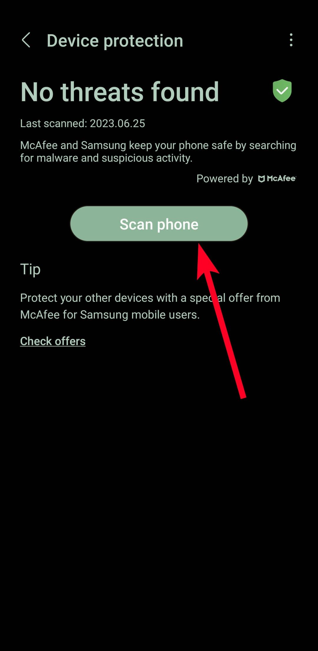 McAfee Device protection menu on Samsung Android phone
