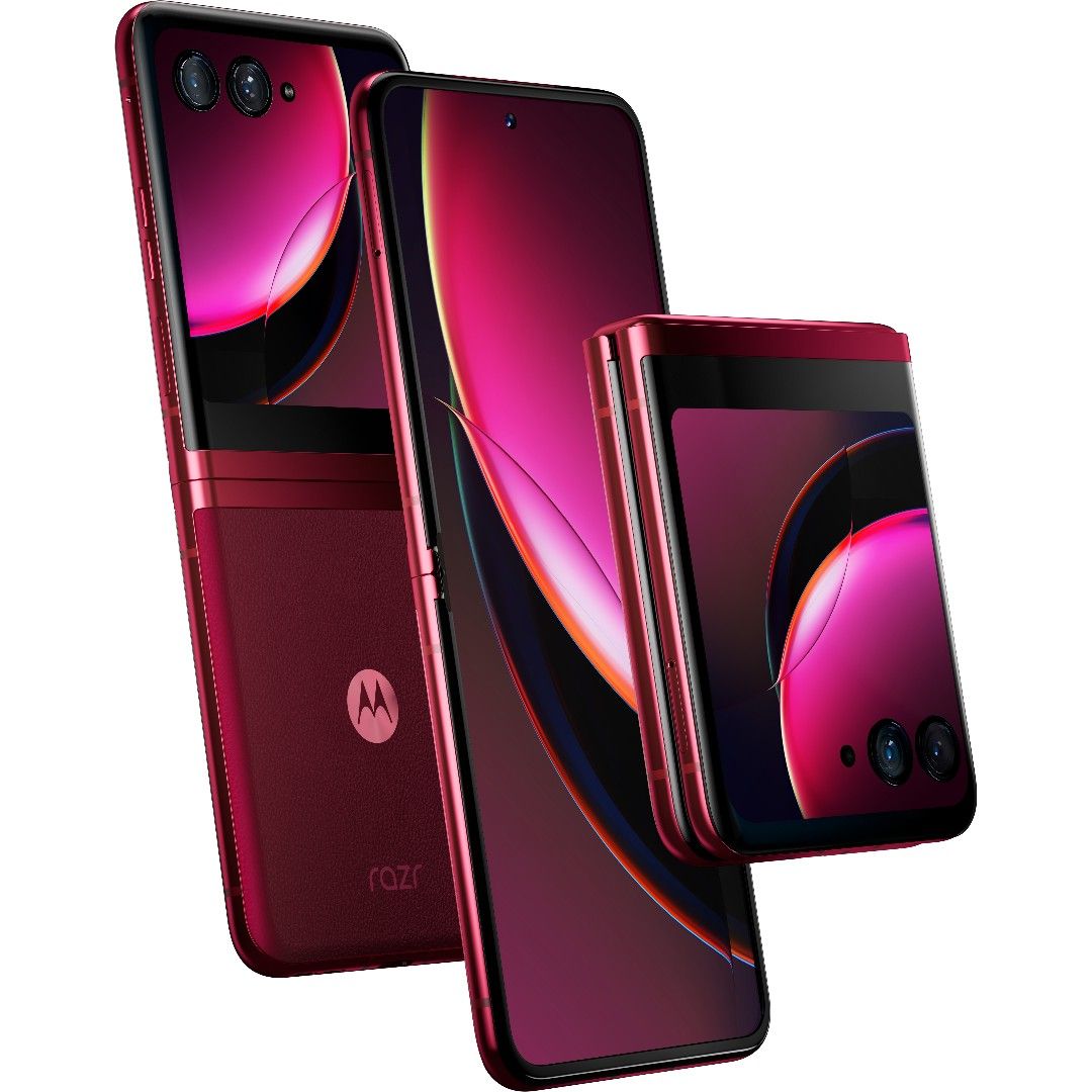 Moto Razr+ (2023) in Viva Magenta, back, front, and folded views